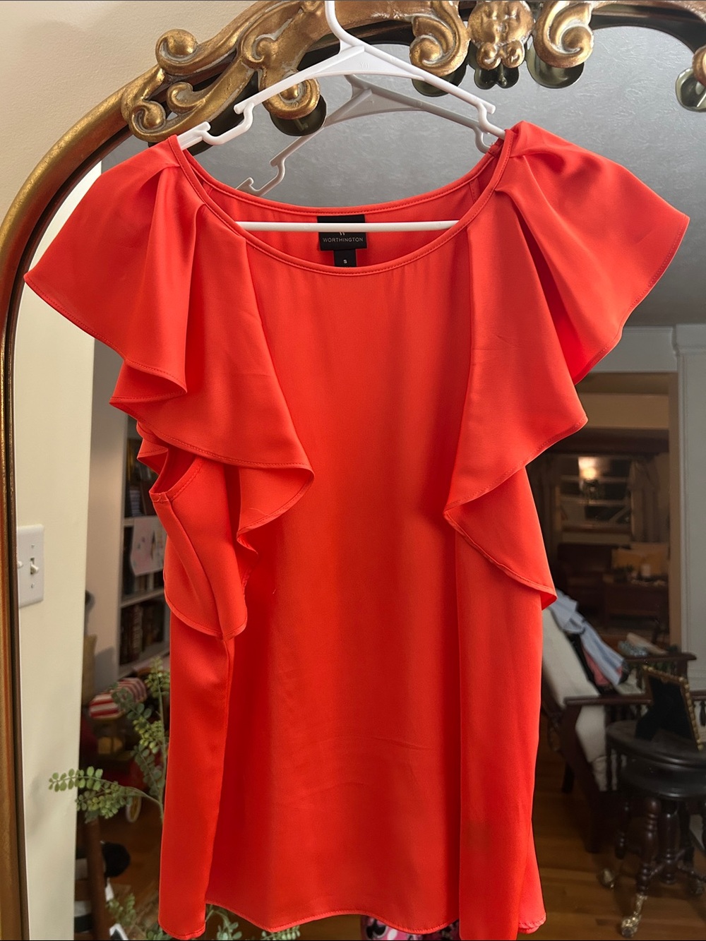 Worthington Bright Red/coral Ruffle Sleeve Blouse size small